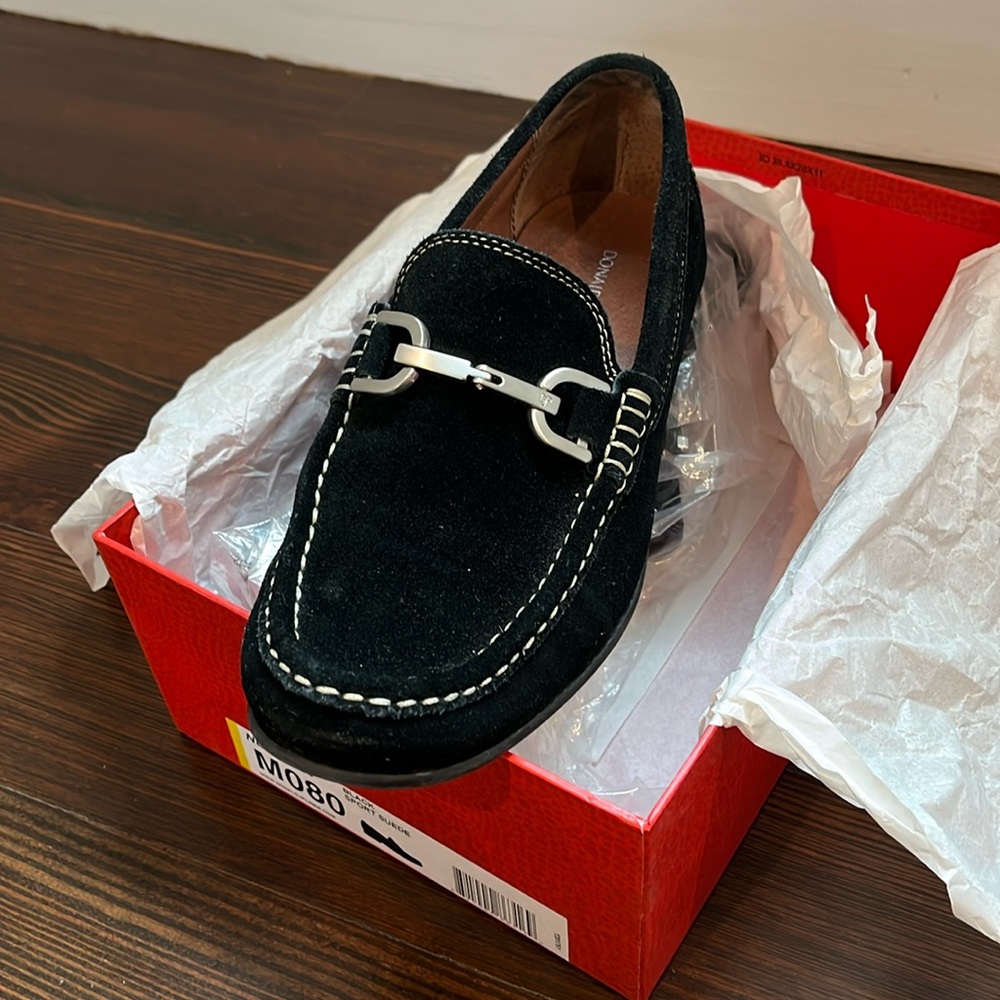 Men’s Donald J Pliner Black Suede Slip on Shoes with Silver Buckle